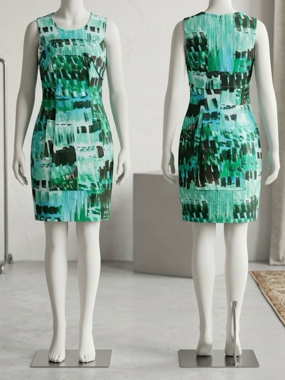 Sleeveless Green Abstract Print Sheath Dress